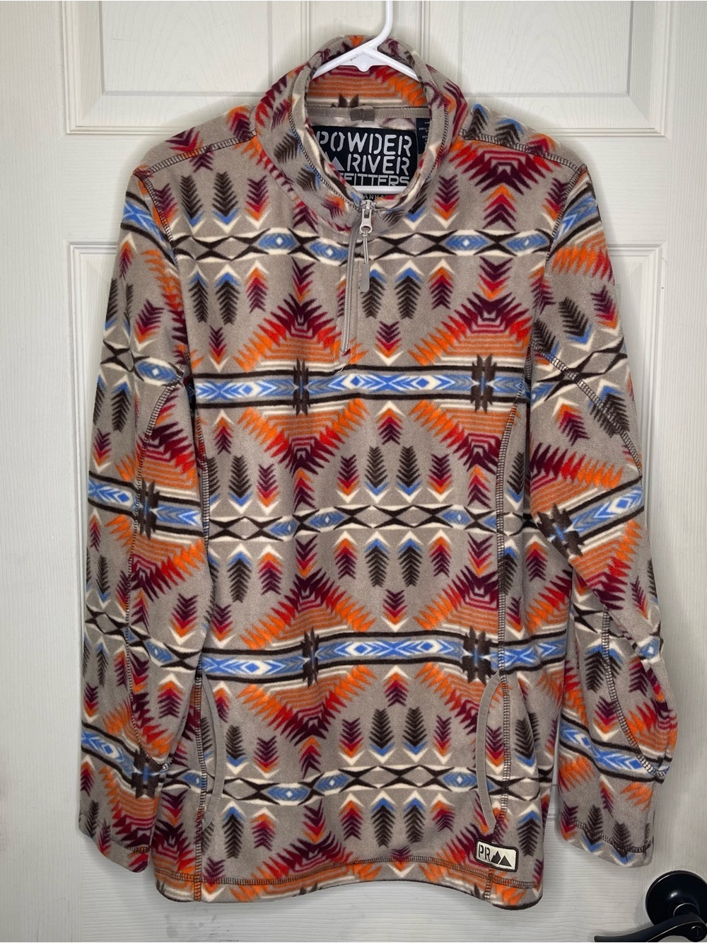 Powder River Outfitters Womens Orange Aztec Fleece Pullover Over 1/4 Zip Western